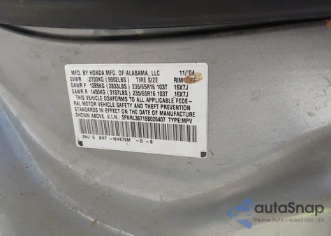 2005 Honda Odyssey Ex-L z USA, uszkodzony, nr VIN 5FNRL38715B026407